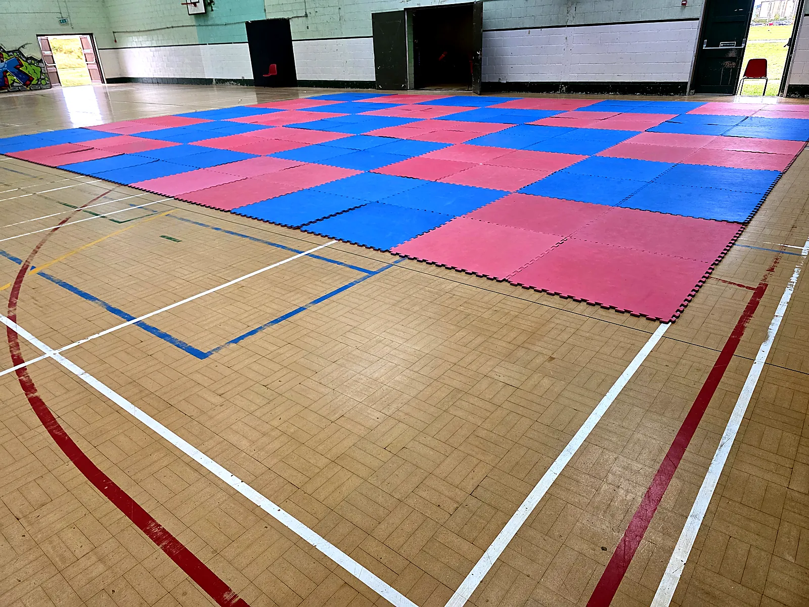 Close view of the red and blue interlocking training mats used at Arklow Taekwon-Do classes