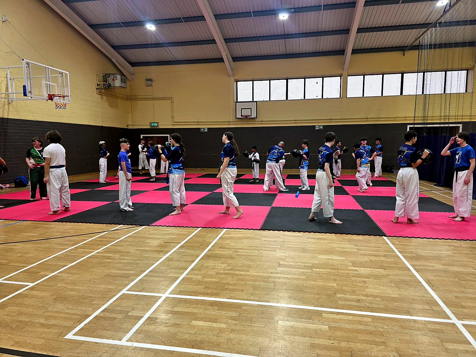 Taekwon-Do students practising partner drills during an Enniscorthy class