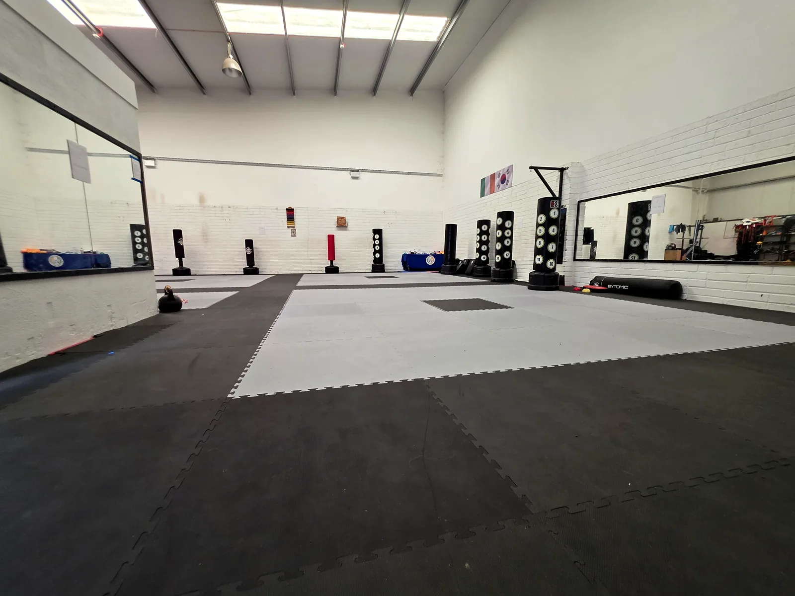 The Leinster TaeKwon Do dojang in Gorey — a bright, high-ceilinged hall with full matted floor, wall mirrors and freestanding kick bags