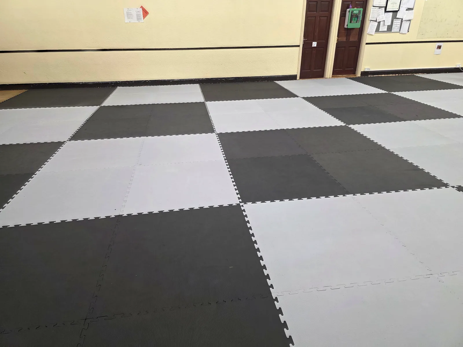Wide view of the Riverchapel training hall showing the matted floor and hall doors